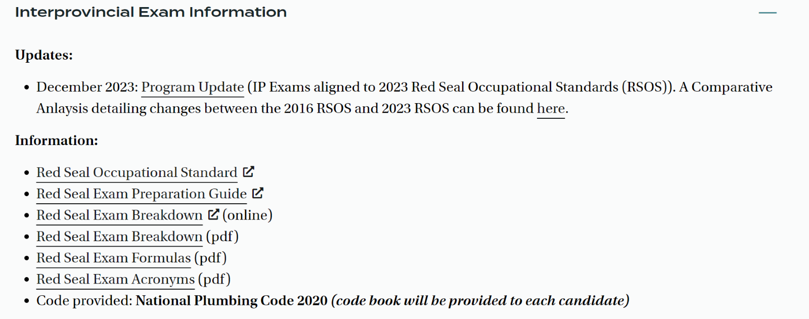 A screenshot of the Exam Information found on each of our trade pages