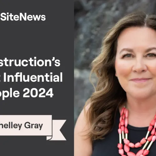 Shelley Gray profile photo with text on left saying Construction's most influential people 2024