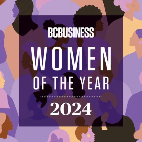 colorful graphic background with words BC Business Women of the Year award
