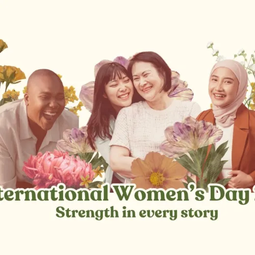women featured with florals, beige background