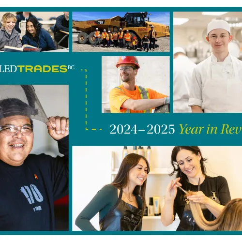 mosaic of skilled trades worker portraits including hairdresser, welder, chef, and electrician