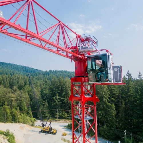 red tower crane with forest and mountains in the background